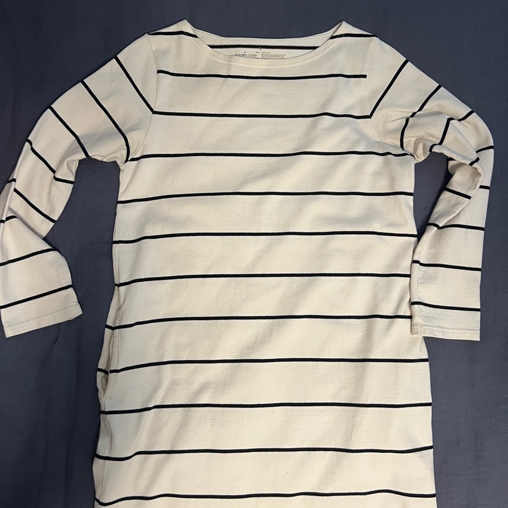Muji cotton tunic Cream and Black stripes lagenlook Long Sleeve Dress